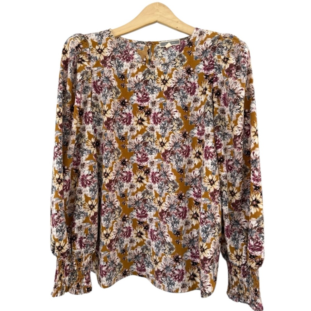 Pleione Mustard Floral Blouse Long Sleeve Women’s Fall Top